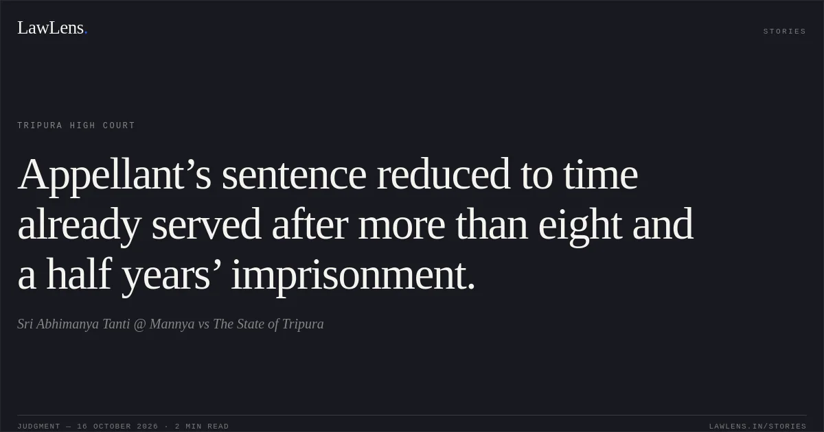 Appellant’s sentence reduced to time already served after more than eight and a half years’ imprisonment.. Sri Abhimanya Tanti @ Mannya vs The State of Tripura. Tripura High Court. LawLens