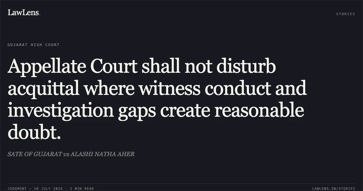 Appellate Court shall not disturb acquittal where witness conduct and investigation gaps create reasonable doubt.. SATE OF GUJARAT vs ALASHI NATHA AHER. Gujarat High Court. LawLens