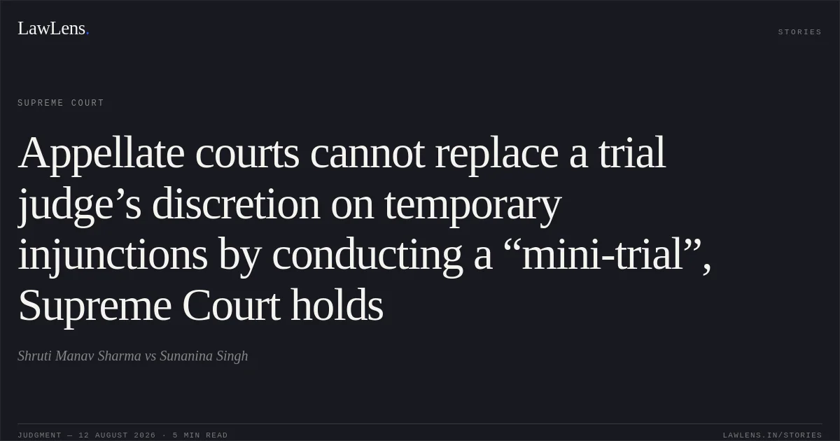 Appellate courts cannot replace a trial judge’s discretion on temporary injunctions by conducting a “mini-trial”, Supreme Court holds. Shruti Manav Sharma vs Sunanina Singh. Supreme Court. LawLens