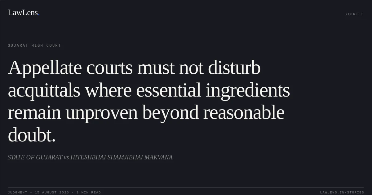 Appellate courts must not disturb acquittals where essential ingredients remain unproven beyond reasonable doubt.. STATE OF GUJARAT vs HITESHBHAI SHAMJIBHAI MAKVANA. Gujarat High Court. LawLens