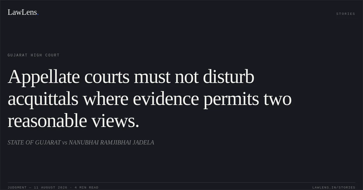 Appellate courts must not disturb acquittals where evidence permits two reasonable views.. STATE OF GUJARAT vs NANUBHAI RAMJIBHAI JADELA. Gujarat High Court. LawLens