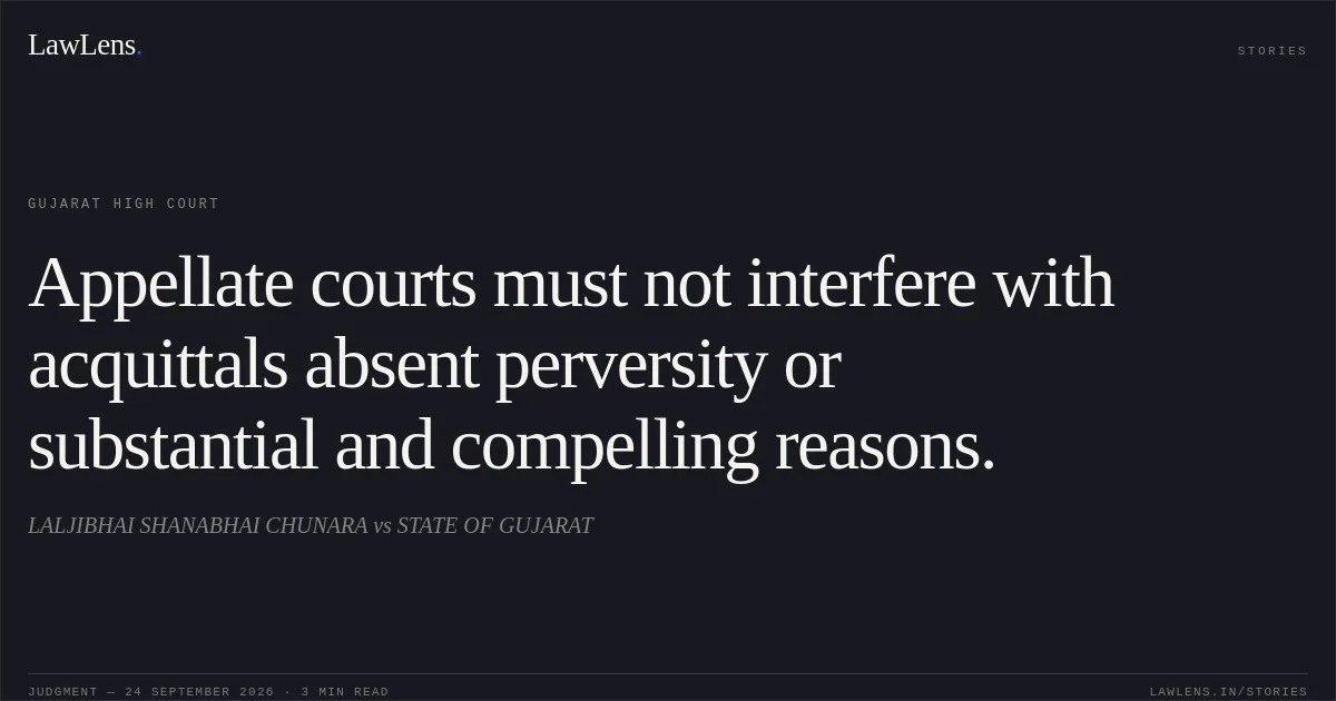 Appellate courts must not interfere with acquittals absent perversity or substantial and compelling reasons.. LALJIBHAI SHANABHAI CHUNARA vs STATE OF GUJARAT. Gujarat High Court. LawLens