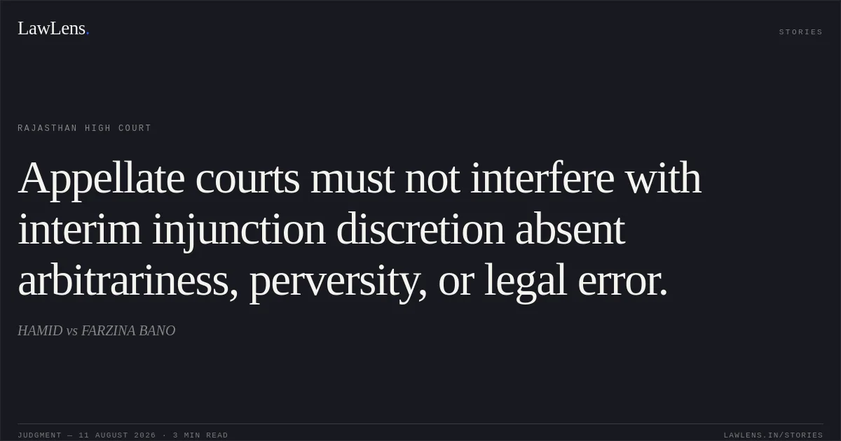 Appellate courts must not interfere with interim injunction discretion absent arbitrariness, perversity, or legal error.. HAMID vs FARZINA BANO. Rajasthan High Court. LawLens