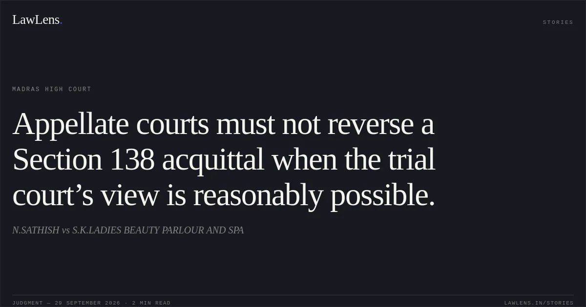 Appellate courts must not reverse a Section 138 acquittal when the trial court’s view is reasonably possible.. N.SATHISH vs S.K.LADIES BEAUTY PARLOUR AND SPA. Madras High Court. LawLens