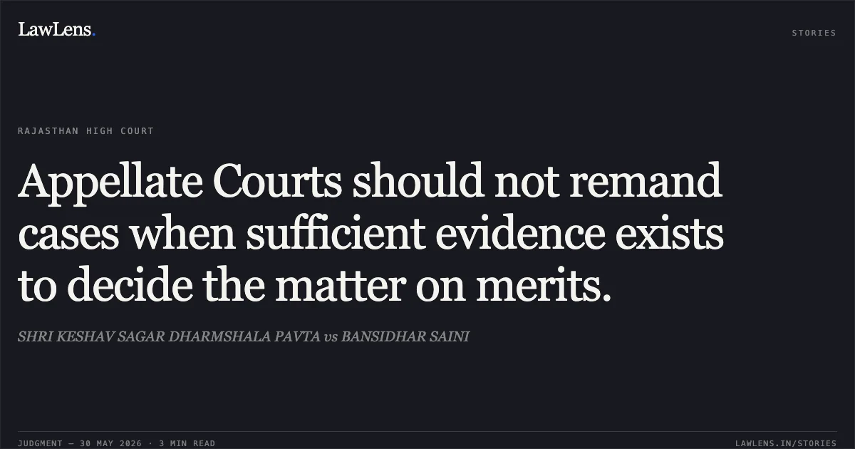 Appellate Courts should not remand cases when sufficient evidence exists to decide the matter on merits.. SHRI KESHAV SAGAR DHARMSHALA PAVTA vs BANSIDHAR SAINI. Rajasthan High Court. LawLens