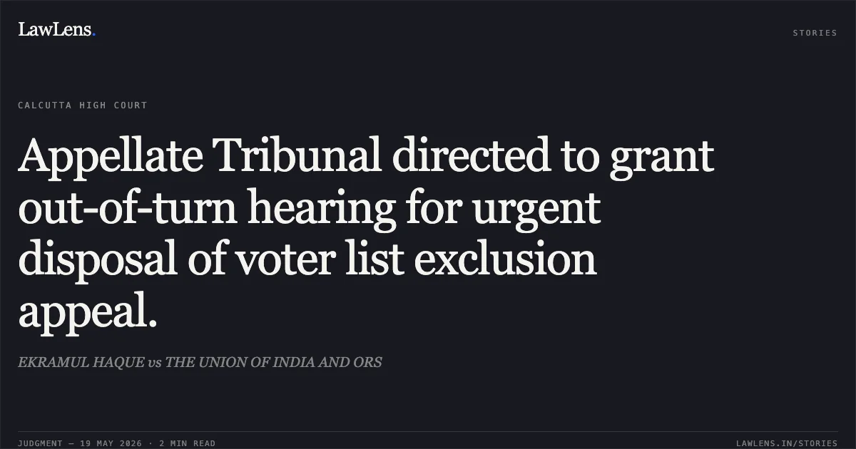 Appellate Tribunal directed to grant out-of-turn hearing for urgent disposal of voter list exclusion appeal.. EKRAMUL HAQUE vs THE UNION OF INDIA AND ORS. Calcutta High Court. LawLens