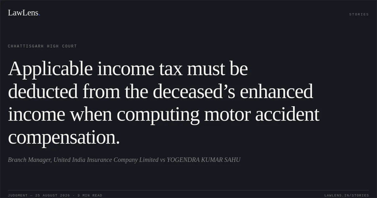 Applicable income tax must be deducted from the deceased’s enhanced income when computing motor accident compensation.. Branch Manager, United India Insurance Company Limited vs YOGENDRA KUMAR SAHU. Chhattisgarh High Court. LawLens