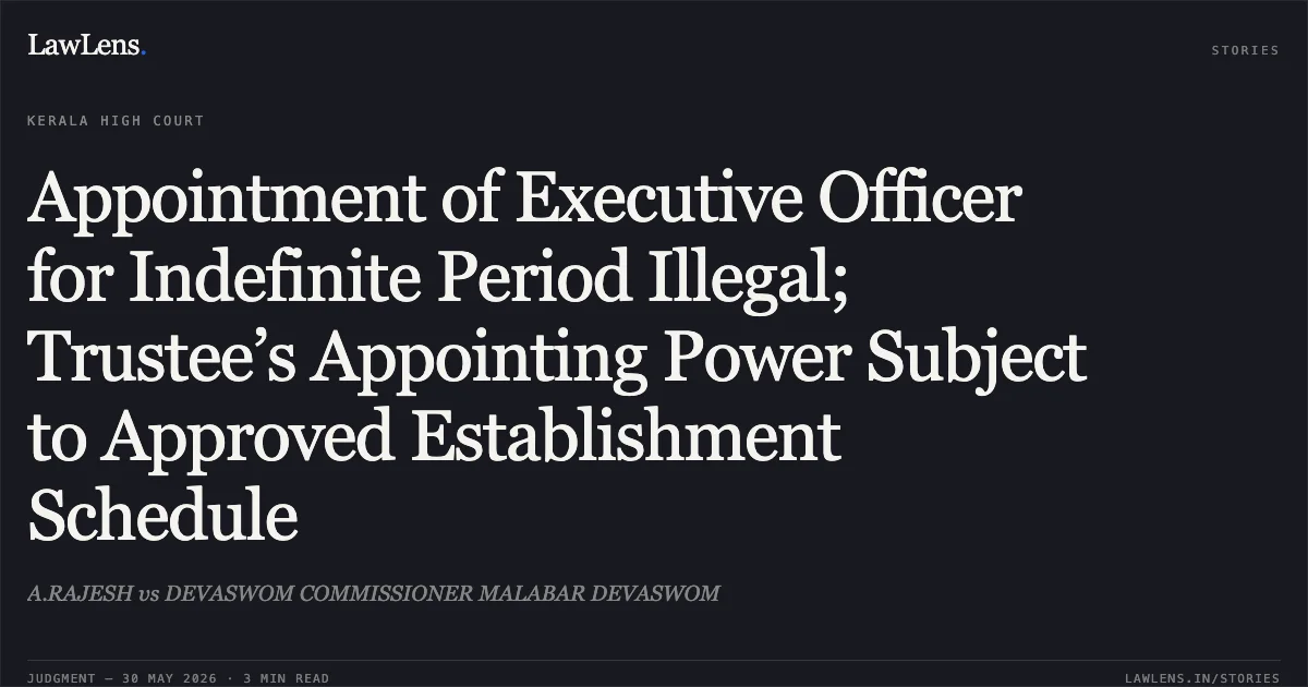Appointment of Executive Officer for Indefinite Period Illegal; Trustee’s Appointing Power Subject to Approved Establishment Schedule. A.RAJESH vs DEVASWOM COMMISSIONER MALABAR DEVASWOM. Kerala High Court. LawLens