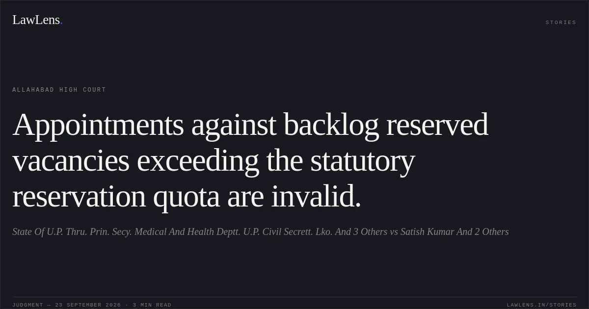 Appointments against backlog reserved vacancies exceeding the statutory reservation quota are invalid.. State Of U.P. Thru. Prin. Secy. Medical And Health Deptt. U.P. Civil Secrett. Lko. And 3 Others vs Satish Kumar And 2 Others. Allahabad High Court. LawLens
