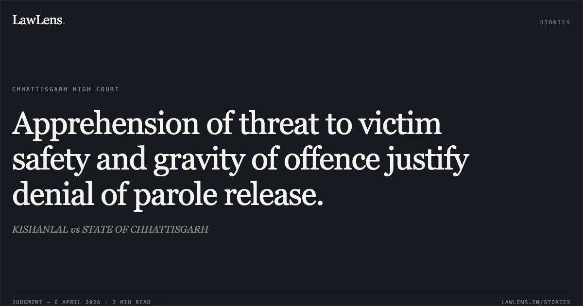 Apprehension of threat to victim safety and gravity of offence justify denial of parole release.. KISHANLAL vs STATE OF CHHATTISGARH. Chhattisgarh High Court. LawLens