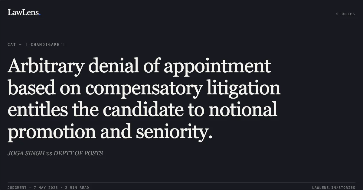 Arbitrary denial of appointment based on compensatory litigation entitles the candidate to notional promotion and seniority.. JOGA SINGH vs DEPTT OF POSTS. Central Administrative Tribunal. LawLens