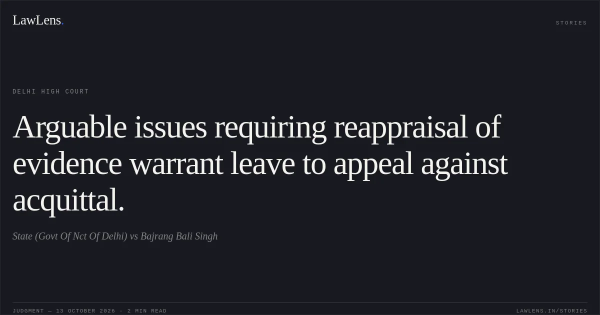 Arguable issues requiring reappraisal of evidence warrant leave to appeal against acquittal.. State (Govt Of Nct Of Delhi) vs Bajrang Bali Singh. Delhi High Court. LawLens