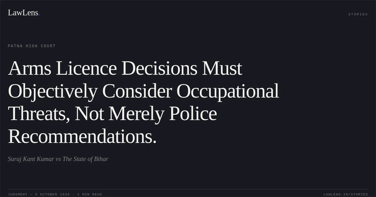 Arms Licence Decisions Must Objectively Consider Occupational Threats, Not Merely Police Recommendations.. Suraj Kant Kumar vs The State of Bihar. Patna High Court. LawLens