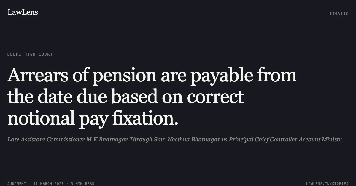 Arrears of pension are payable from the date due based on correct notional pay fixation.. Late Assistant Commissioner M K Bhatnagar Through Smt. Neelima Bhatnagar vs Principal Chief Controller Account Ministry Of Home Affairs & Ors.. Delhi High Court. LawLens