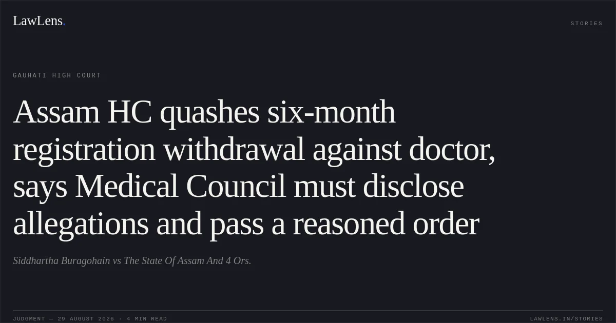 Assam HC quashes six-month registration withdrawal against doctor, says Medical Council must disclose allegations and pass a reasoned order. Siddhartha Buragohain vs The State Of Assam And 4 Ors.. Gauhati High Court. LawLens