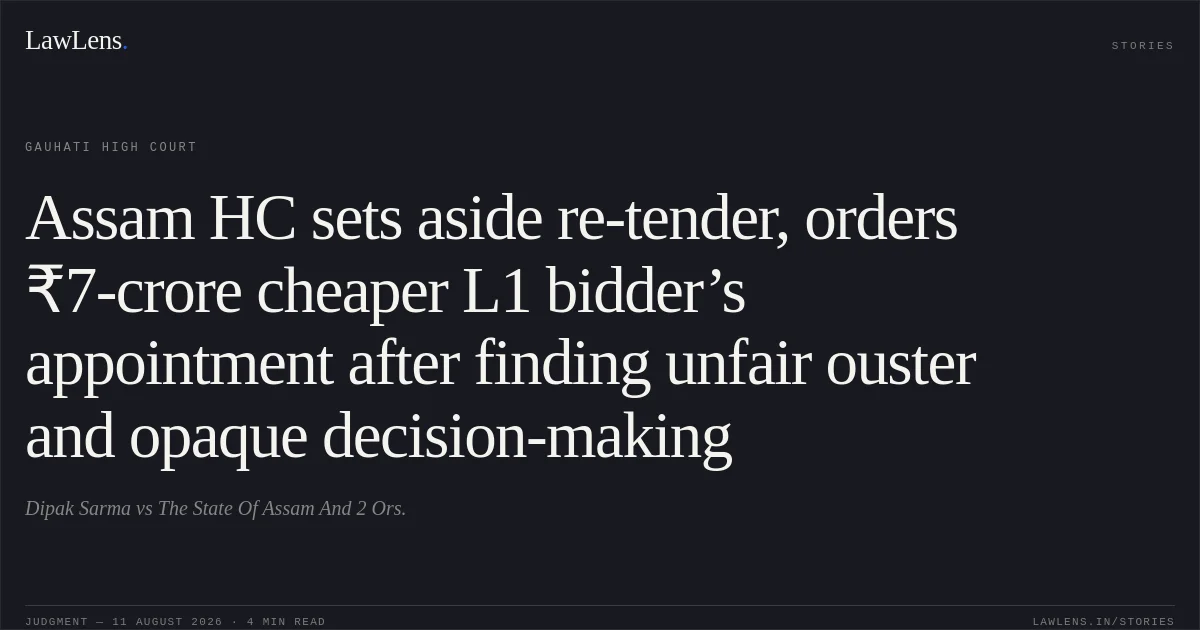 Assam HC sets aside re-tender, orders ₹7-crore cheaper L1 bidder’s appointment after finding unfair ouster and opaque decision-making. Dipak Sarma vs The State Of Assam And 2 Ors.. Gauhati High Court. LawLens