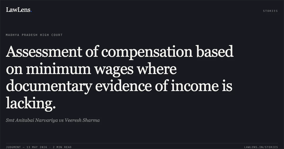 Assessment of compensation based on minimum wages where documentary evidence of income is lacking.. Smt Anitabai Narvariya vs Veeresh Sharma. Madhya Pradesh High Court. LawLens