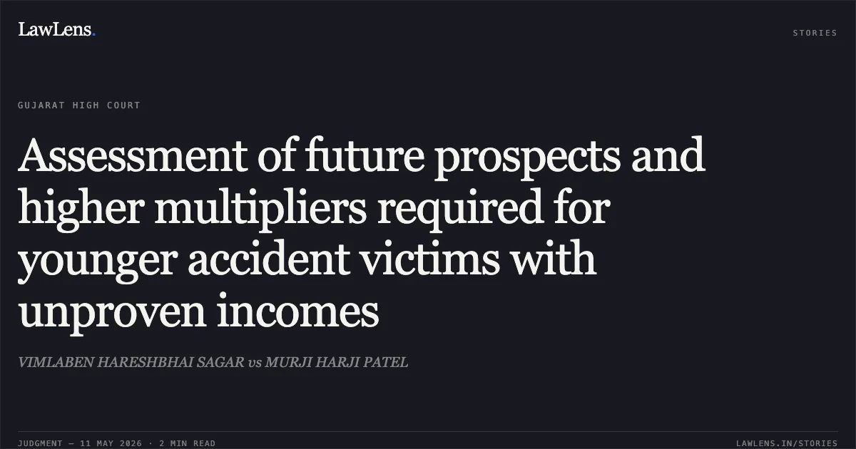 Assessment of future prospects and higher multipliers required for younger accident victims with unproven incomes. VIMLABEN HARESHBHAI SAGAR vs MURJI HARJI PATEL. Gujarat High Court. LawLens