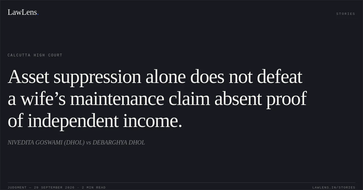 Asset suppression alone does not defeat a wife’s maintenance claim absent proof of independent income.. NIVEDITA GOSWAMI (DHOL) vs DEBARGHYA DHOL. Calcutta High Court. LawLens
