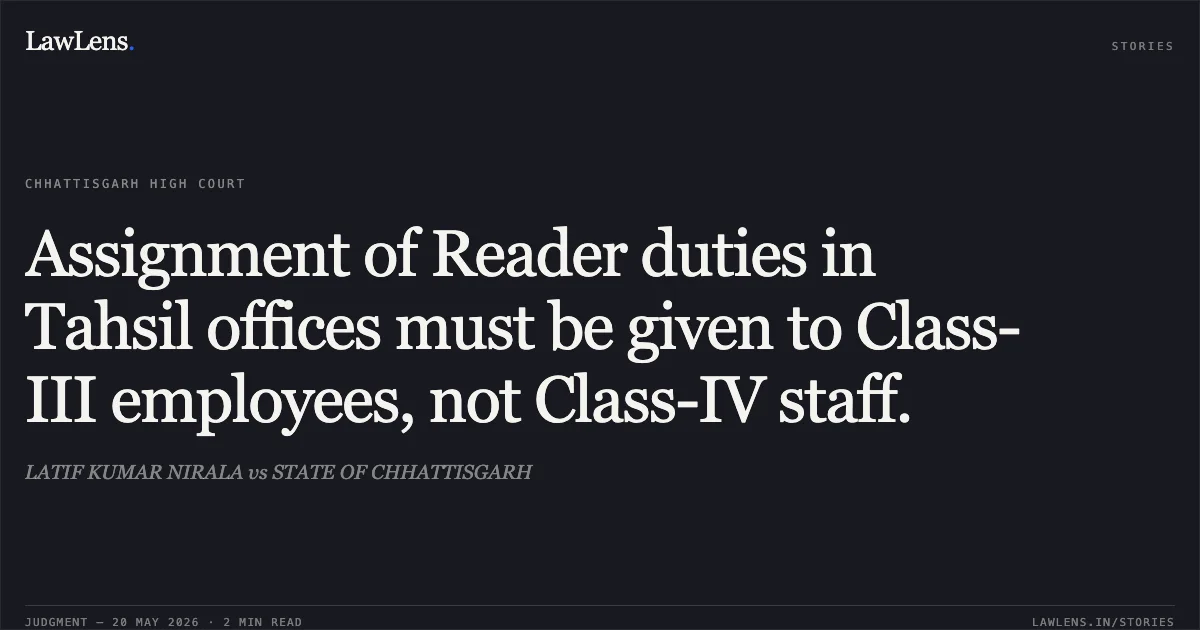 Assignment of Reader duties in Tahsil offices must be given to Class-III employees, not Class-IV staff.. LATIF KUMAR NIRALA vs STATE OF CHHATTISGARH. Chhattisgarh High Court. LawLens