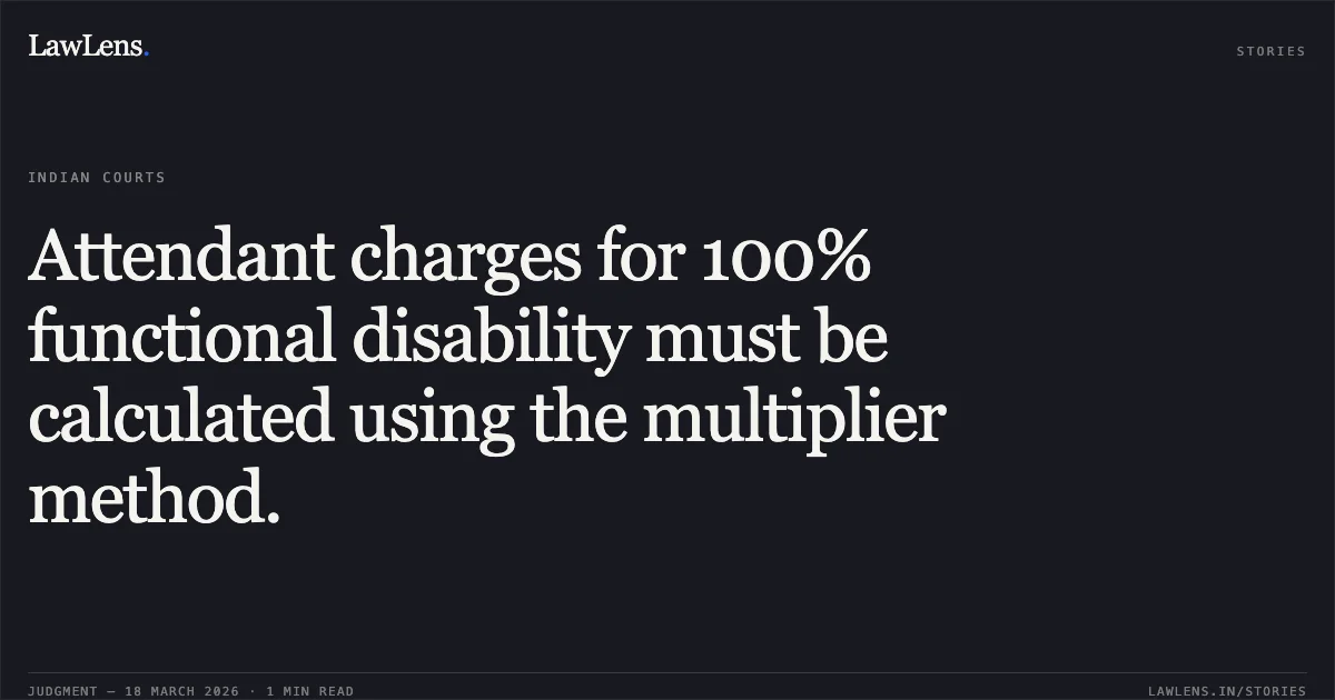 Attendant charges for 100% functional disability must be calculated using the multiplier method.. Deepak Kumar vs Shopal Singh And Ors.. Delhi High Court. LawLens