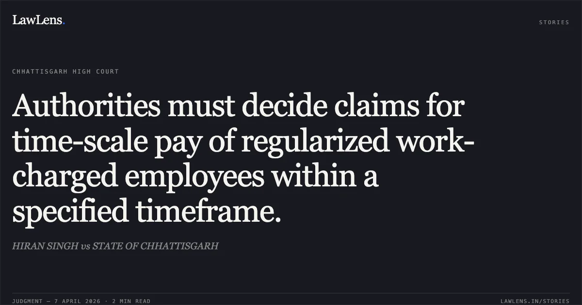 Authorities must decide claims for time-scale pay of regularized work-charged employees within a specified timeframe.. HIRAN SINGH vs STATE OF CHHATTISGARH. Chhattisgarh High Court. LawLens