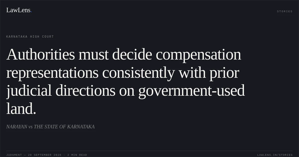 Authorities must decide compensation representations consistently with prior judicial directions on government-used land.. NARAYAN vs THE STATE OF KARNATAKA. Karnataka High Court. LawLens
