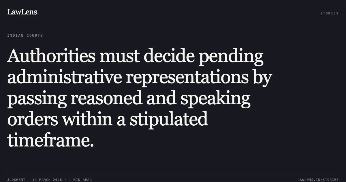 Authorities must decide pending administrative representations by passing reasoned and speaking orders within a stipulated timeframe.. Rakesh Malra vs EXTERNAL AFFAIRS. CAT - Delhi. LawLens