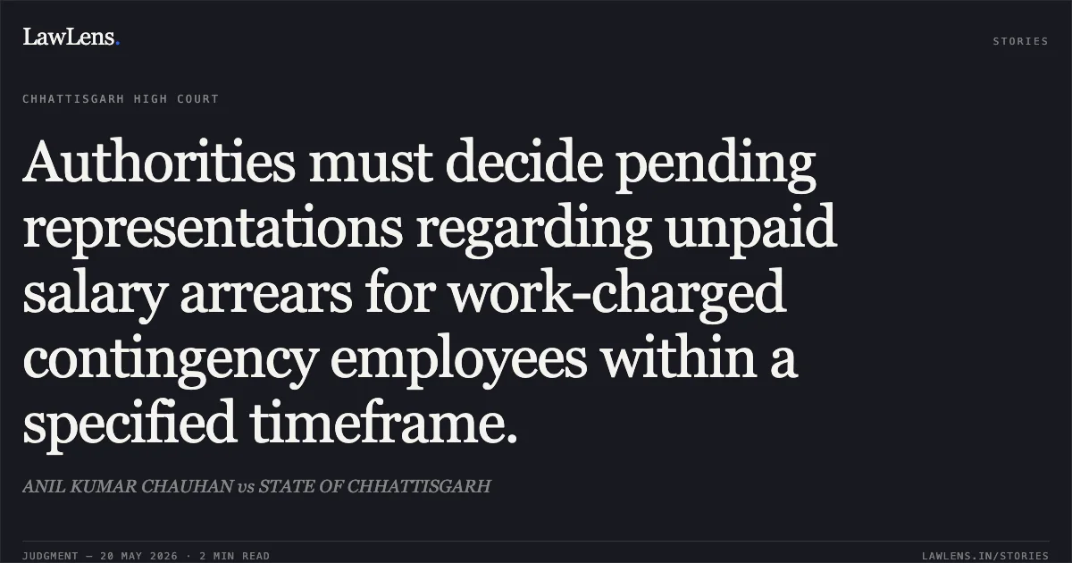 Authorities must decide pending representations regarding unpaid salary arrears for work-charged contingency employees within a specified timeframe.. ANIL KUMAR CHAUHAN vs STATE OF CHHATTISGARH. Chhattisgarh High Court. LawLens
