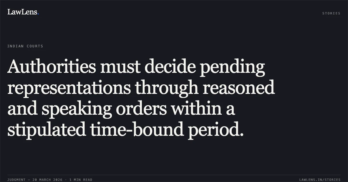 Authorities must decide pending representations through reasoned and speaking orders within a stipulated time-bound period.. KALPANA SARKI vs STAFF SELECTION COMMISSION (SSC). Central Administrative Tribunal. LawLens