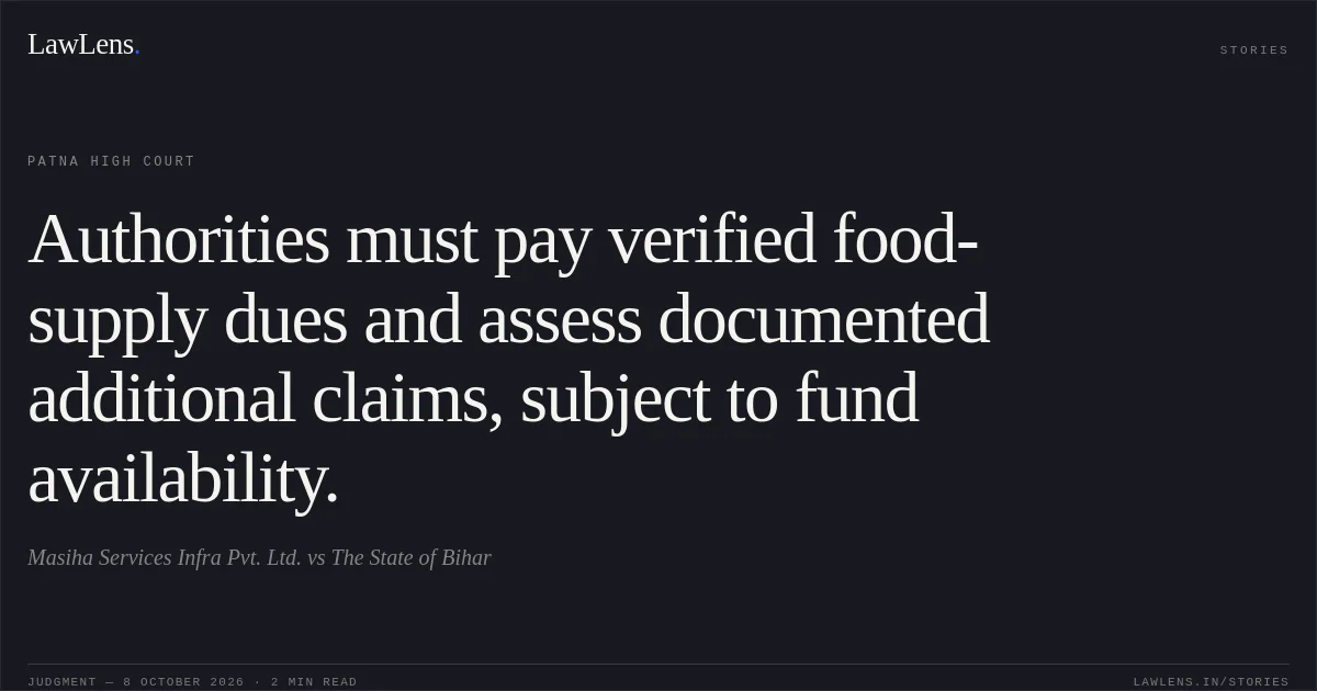 Authorities must pay verified food-supply dues and assess documented additional claims, subject to fund availability.. Masiha Services Infra Pvt. Ltd. vs The State of Bihar. Patna High Court. LawLens
