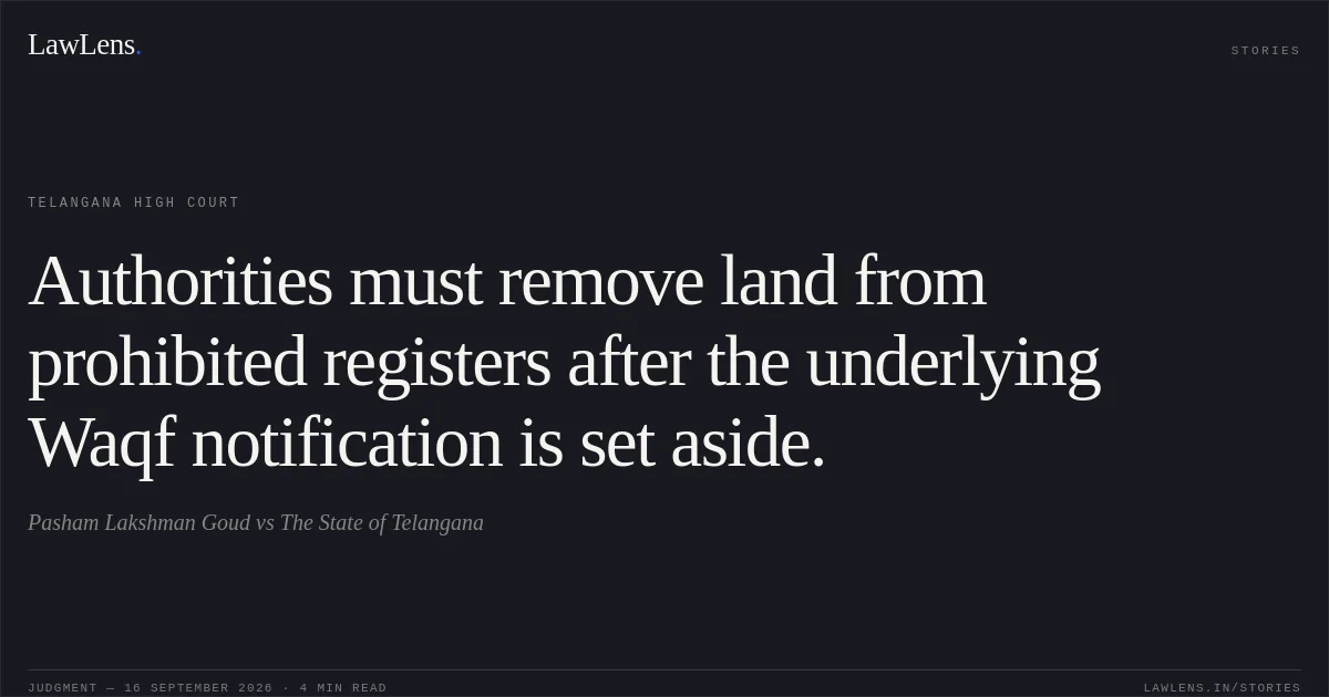 Authorities must remove land from prohibited registers after the underlying Waqf notification is set aside.. Pasham Lakshman Goud vs The State of Telangana. Telangana High Court. LawLens