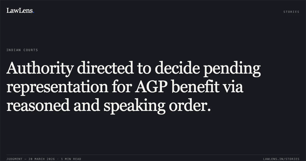 Authority directed to decide pending representation for AGP benefit via reasoned and speaking order.. Dr Ghanshyam vs GNCTD. Central Administrative Tribunal. LawLens