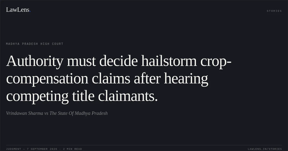 Authority must decide hailstorm crop-compensation claims after hearing competing title claimants.. Vrindawan Sharma vs The State Of Madhya Pradesh. Madhya Pradesh High Court. LawLens