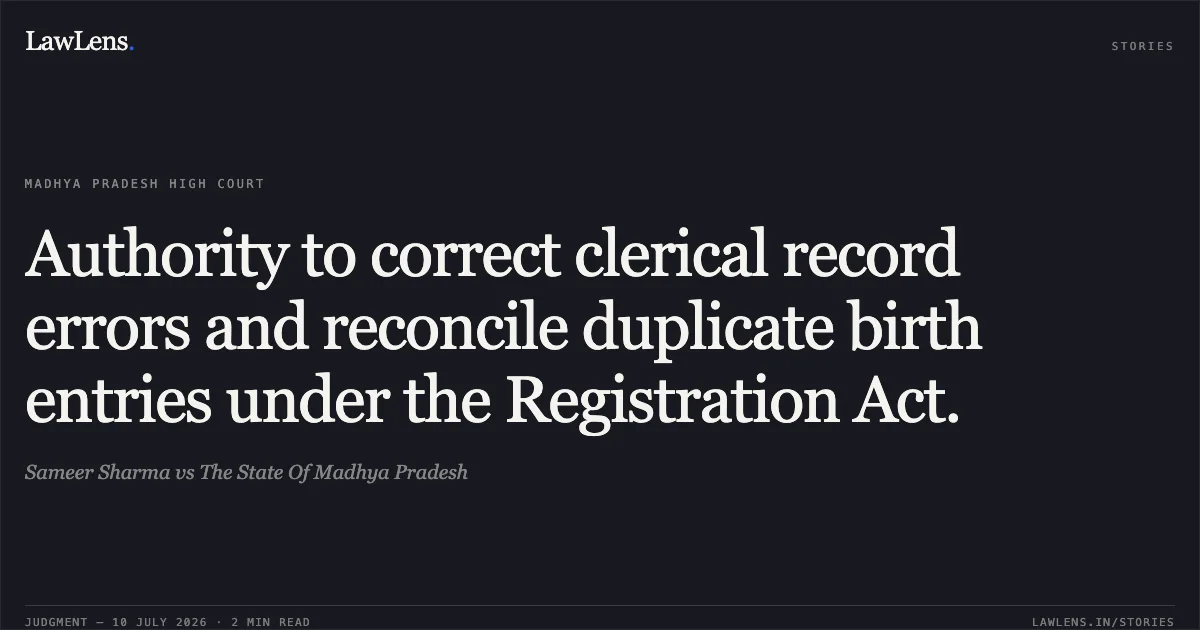 Authority to correct clerical record errors and reconcile duplicate birth entries under the Registration Act.. Sameer Sharma vs The State Of Madhya Pradesh. Madhya Pradesh High Court. LawLens
