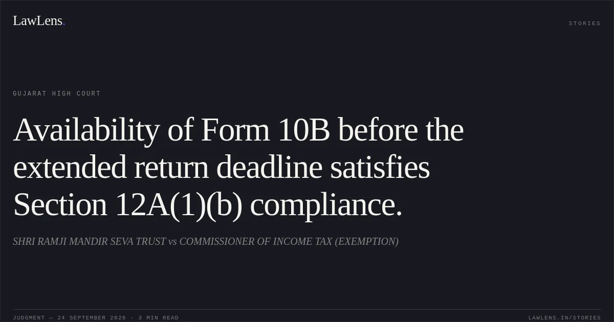 Availability of Form 10B before the extended return deadline satisfies Section 12A(1)(b) compliance.. SHRI RAMJI MANDIR SEVA TRUST vs COMMISSIONER OF INCOME TAX (EXEMPTION). Gujarat High Court. LawLens