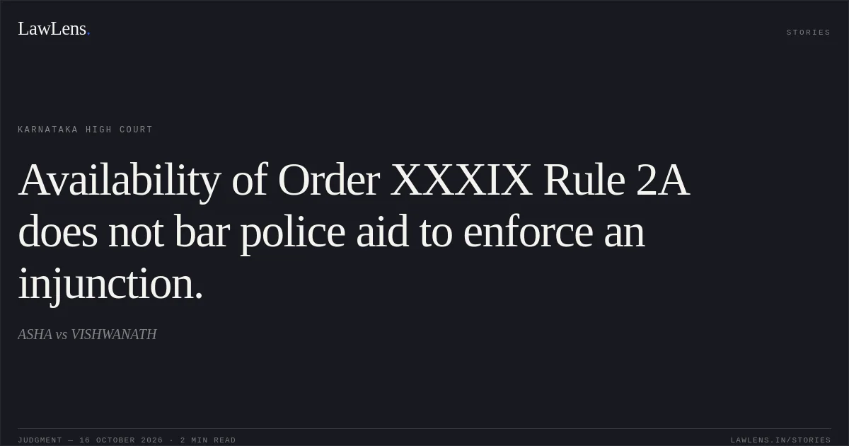 Availability of Order XXXIX Rule 2A does not bar police aid to enforce an injunction.. ASHA vs VISHWANATH. Karnataka High Court. LawLens