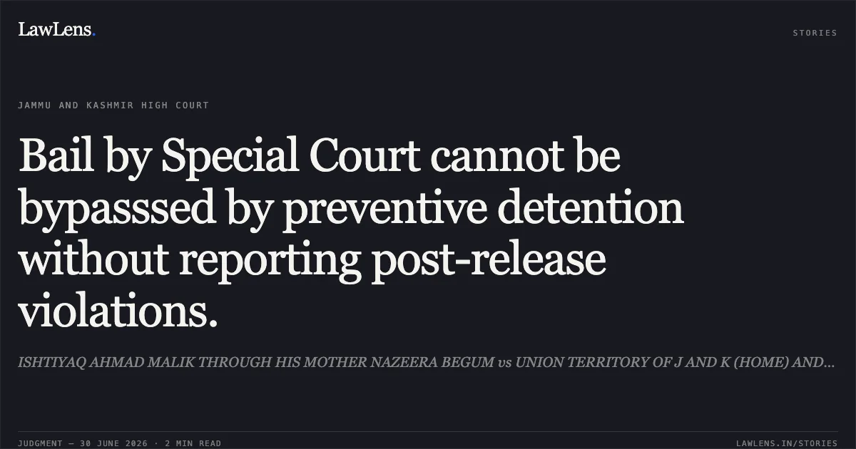 Bail by Special Court cannot be bypasssed by preventive detention without reporting post-release violations.. ISHTIYAQ AHMAD MALIK THROUGH HIS MOTHER NAZEERA BEGUM vs UNION TERRITORY OF J AND K (HOME) AND ORS. Jammu and Kashmir High Court. LawLens