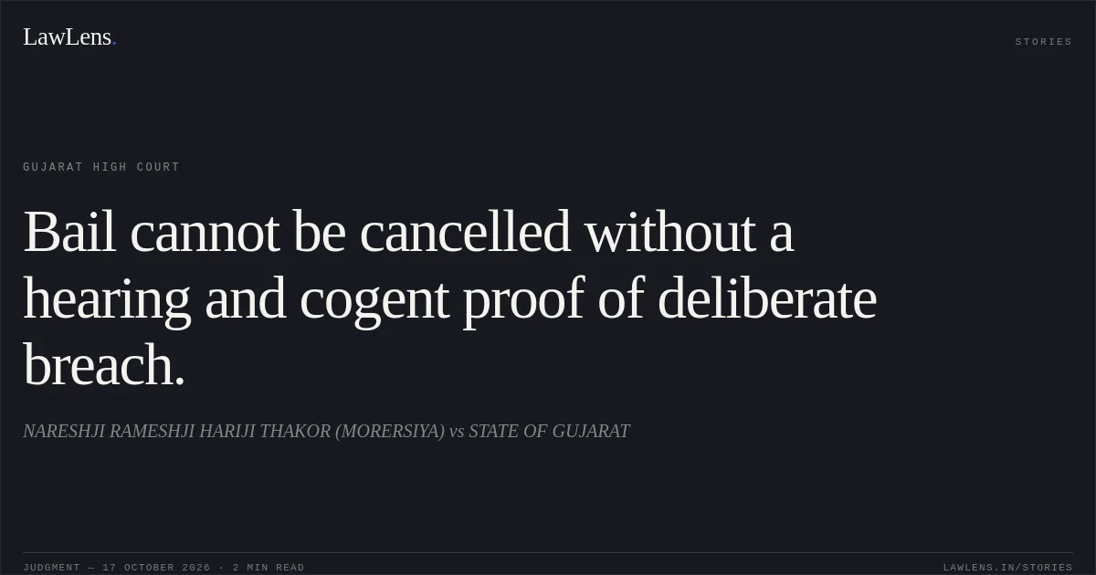 Bail cannot be cancelled without a hearing and cogent proof of deliberate breach.. NARESHJI RAMESHJI HARIJI THAKOR (MORERSIYA) vs STATE OF GUJARAT. Gujarat High Court. LawLens