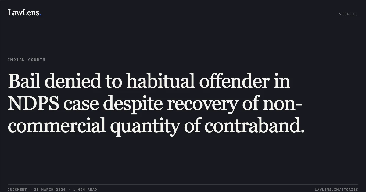 Bail denied to habitual offender in NDPS case despite recovery of non-commercial quantity of contraband.. DEEPAK SHARMA vs STATE OF CHHATTISGARH. Chhattisgarh High Court. LawLens