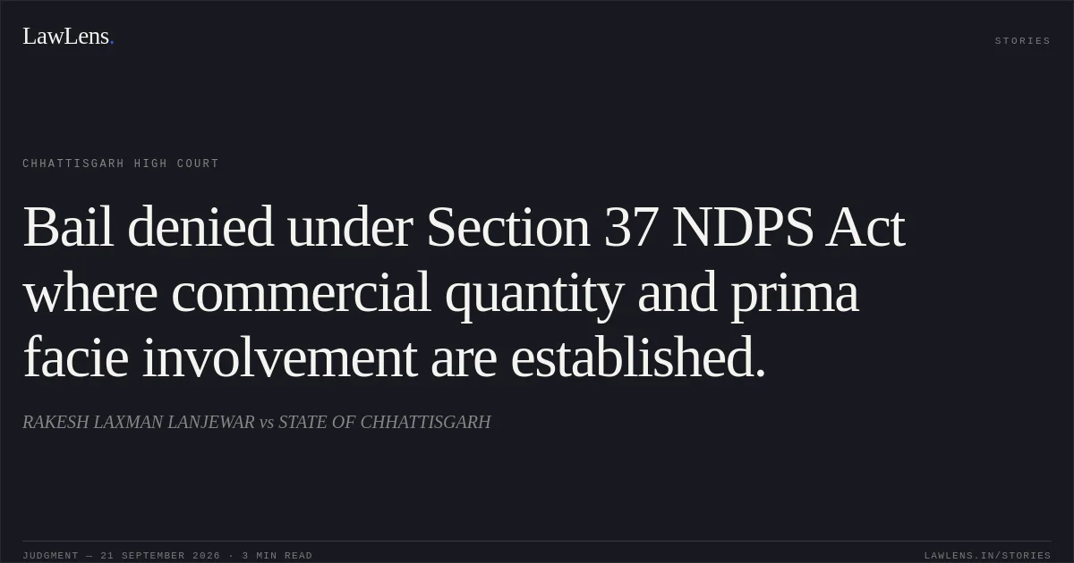 Bail denied under Section 37 NDPS Act where commercial quantity and prima facie involvement are established.. RAKESH LAXMAN LANJEWAR vs STATE OF CHHATTISGARH. Chhattisgarh High Court. LawLens