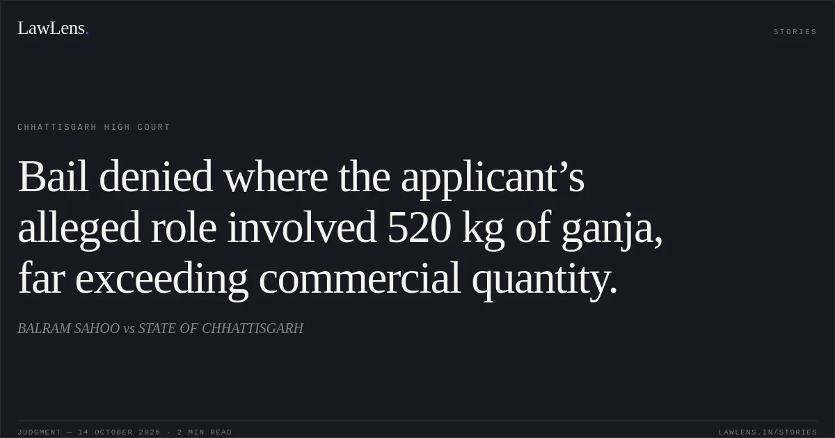 Bail denied where the applicant’s alleged role involved 520 kg of ganja, far exceeding commercial quantity.. BALRAM SAHOO vs STATE OF CHHATTISGARH. Chhattisgarh High Court. LawLens