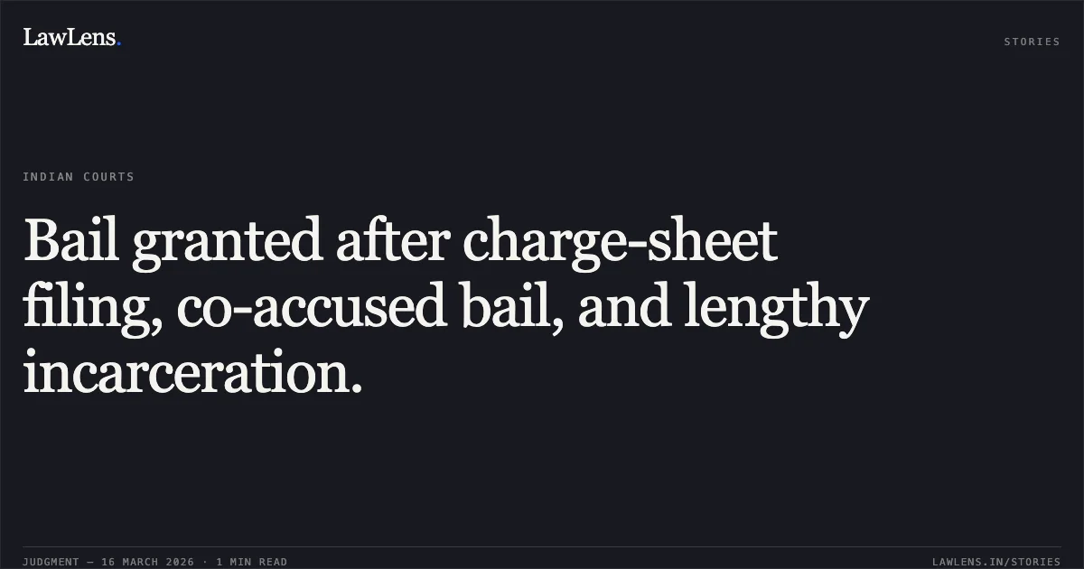 Bail granted after charge-sheet filing, co-accused bail, and lengthy incarceration.. DIWAKAR AVSARIYA vs STATE OF CHHATTISGARH. Chhattisgarh High Court. LawLens