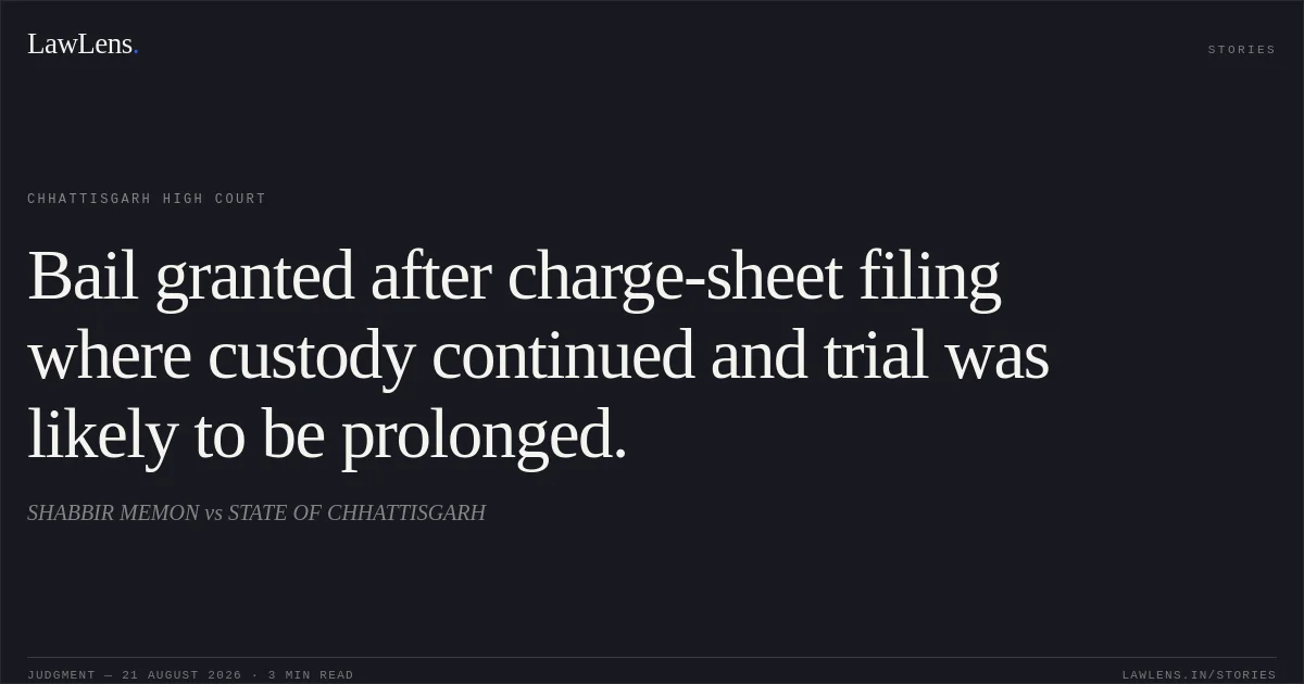 Bail granted after charge-sheet filing where custody continued and trial was likely to be prolonged.. SHABBIR MEMON vs STATE OF CHHATTISGARH. Chhattisgarh High Court. LawLens
