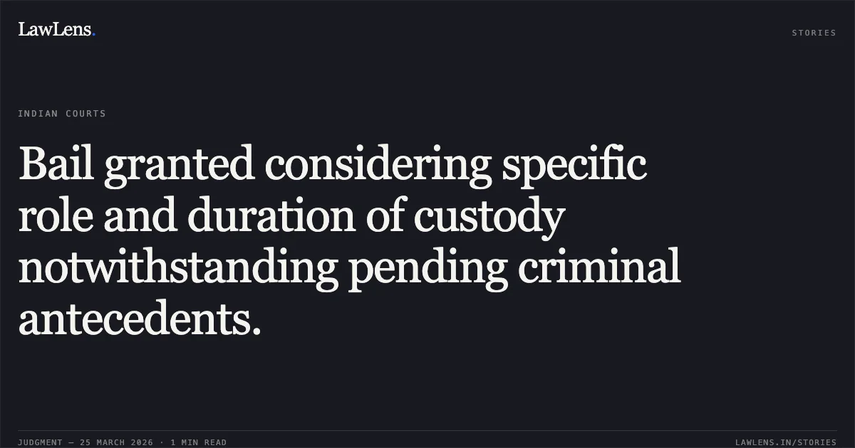Bail granted considering specific role and duration of custody notwithstanding pending criminal antecedents.. AVINASH MANIKPURI @ AKKI vs STATE OF CHHATTISGARH. Chhattisgarh High Court. LawLens