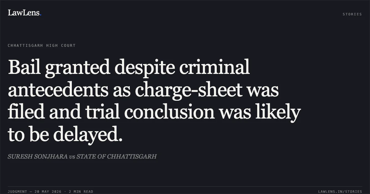 Bail granted despite criminal antecedents as charge-sheet was filed and trial conclusion was likely to be delayed.. SURESH SONJHARA vs STATE OF CHHATTISGARH. Chhattisgarh High Court. LawLens