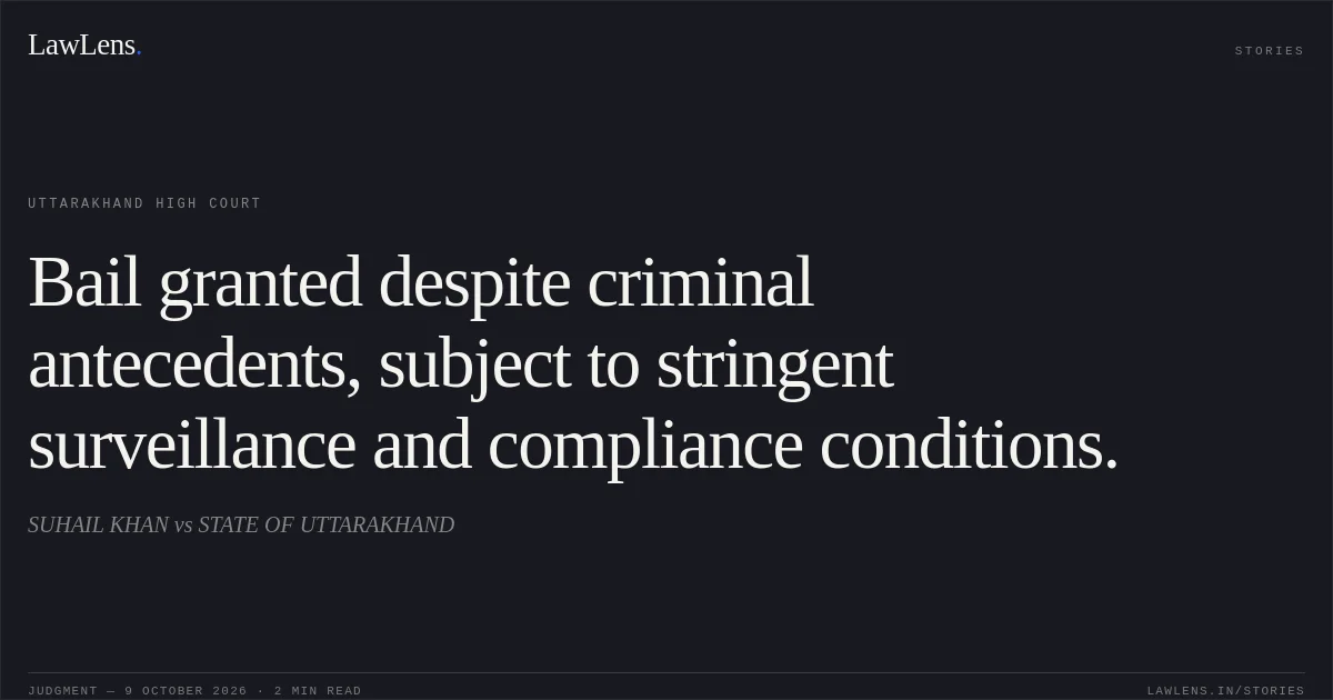 Bail granted despite criminal antecedents, subject to stringent surveillance and compliance conditions.. SUHAIL KHAN vs STATE OF UTTARAKHAND. Uttarakhand High Court. LawLens