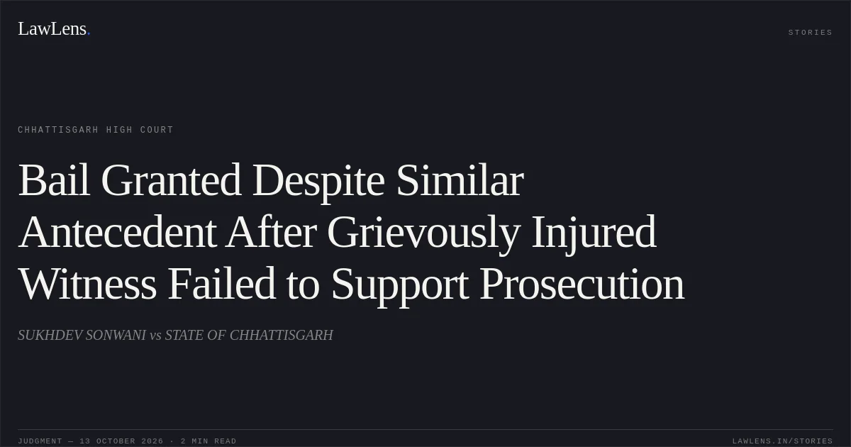 Bail Granted Despite Similar Antecedent After Grievously Injured Witness Failed to Support Prosecution. SUKHDEV SONWANI vs STATE OF CHHATTISGARH. Chhattisgarh High Court. LawLens