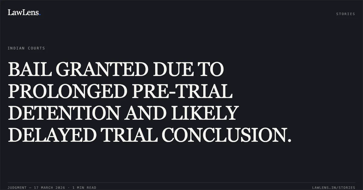 BAIL GRANTED DUE TO PROLONGED PRE-TRIAL DETENTION AND LIKELY DELAYED TRIAL CONCLUSION.. Bharat Aadivasi vs The State Of Madhya Pradesh. Madhya Pradesh High Court. LawLens