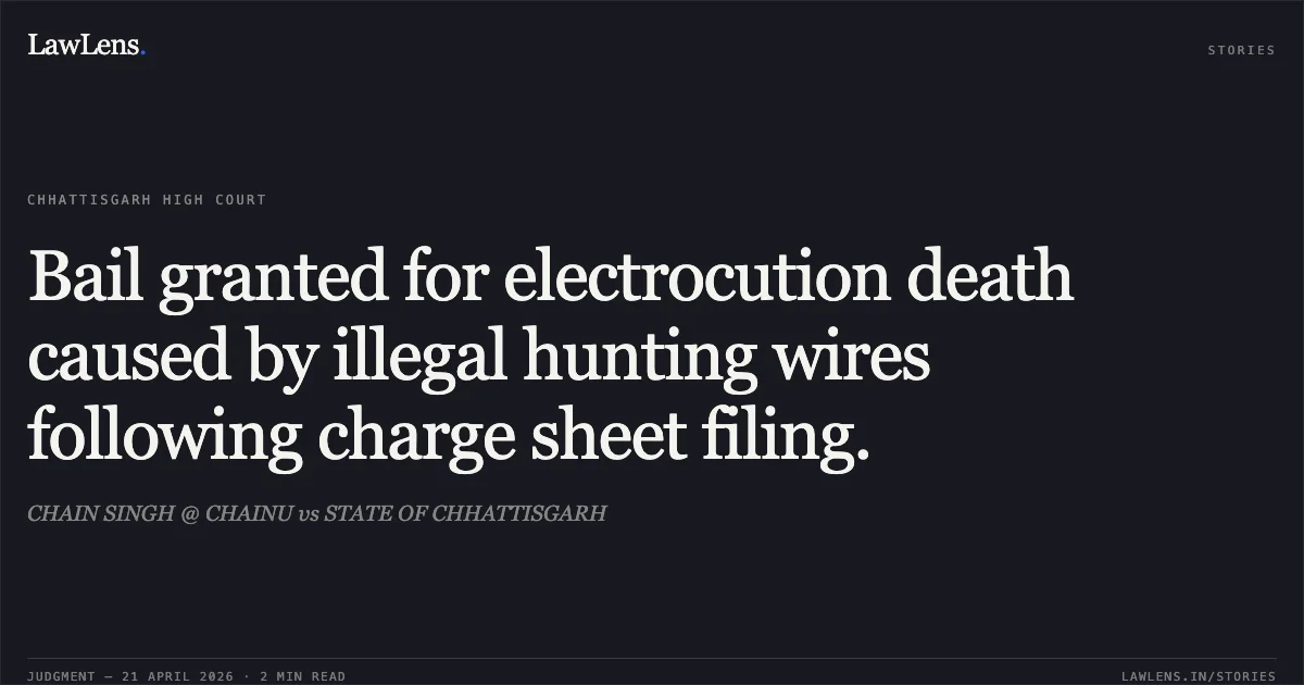 Bail granted for electrocution death caused by illegal hunting wires following charge sheet filing.. CHAIN SINGH @ CHAINU vs STATE OF CHHATTISGARH. Chhattisgarh High Court. LawLens